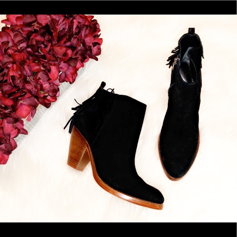 SCHUTZ Black Suede Back Fringe Ankle Booties